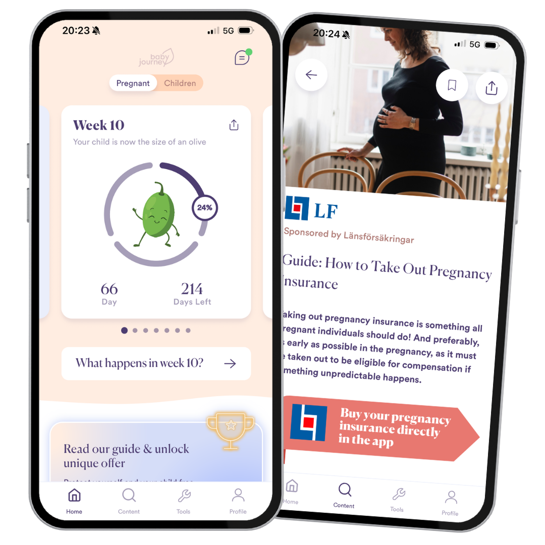 Två smartphones med skärmbilder från en graviditetsapp: den ena visar en veckouppdatering med barnets storlek och nedräkning, och den andra en artikel om gravidförsäkring.